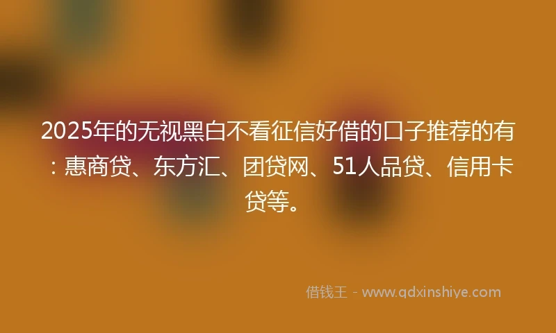 2025年的无视黑白不看征信好借的口子推荐的有：惠商贷、东方汇、团贷网、51人品贷、信用卡贷等。