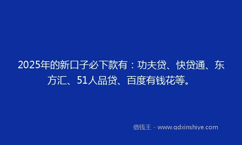 2025年的新口子必下款有：功夫贷、快贷通、东方汇、51人品贷、百度有钱花等。