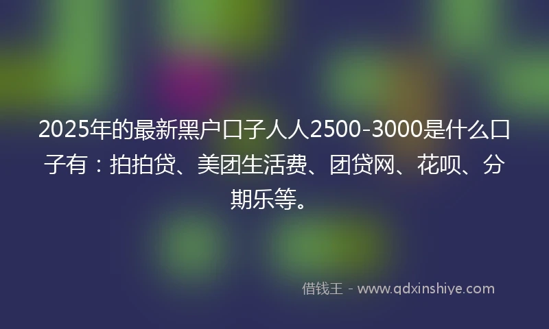 2025年的最新黑户口子人人2500-3000是什么口子有：拍拍贷、美团生活费、团贷网、花呗、分期乐等。