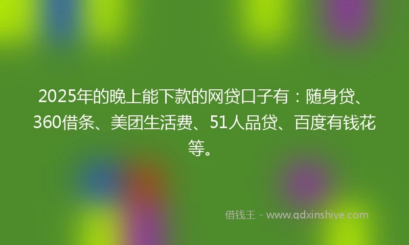 2025年的晚上能下款的网贷口子有：随身贷、360借条、美团生活费、51人品贷、百度有钱花等。