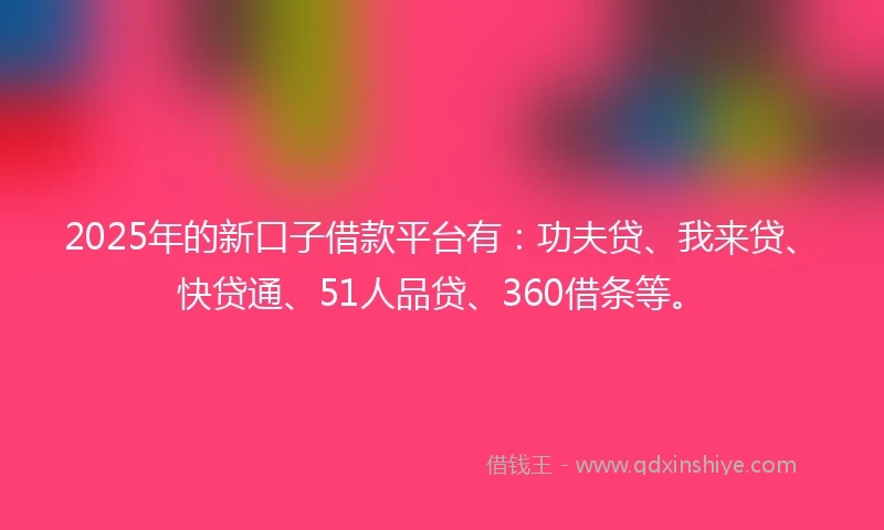 2025年的新口子借款平台有：功夫贷、我来贷、快贷通、51人品贷、360借条等。