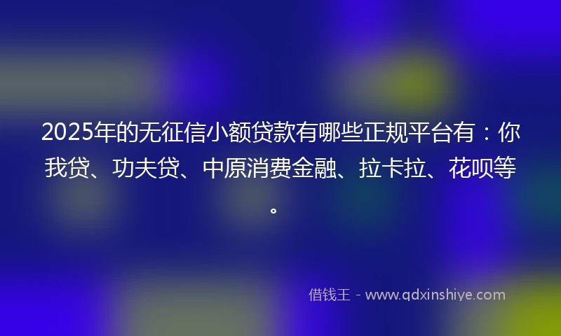 2025年的无征信小额贷款有哪些正规平台有：你我贷、功夫贷、中原消费金融、拉卡拉、花呗等。