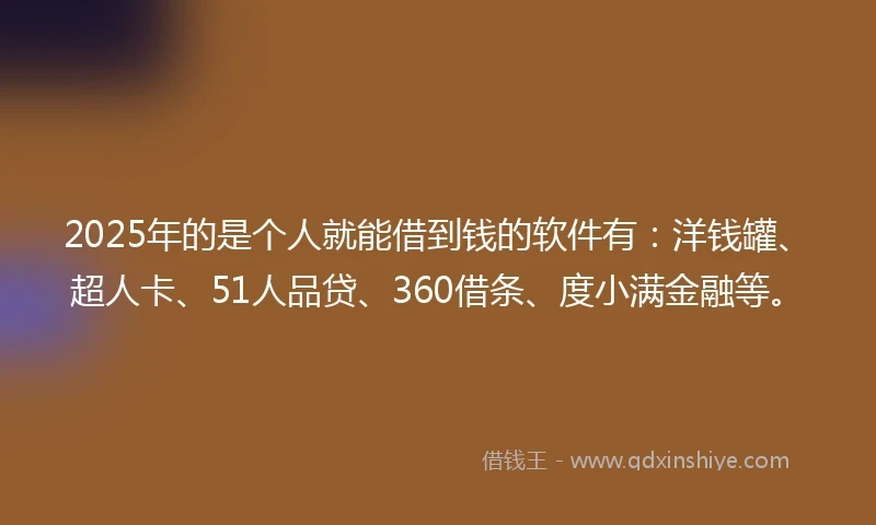 2025年的是个人就能借到钱的软件有：洋钱罐、超人卡、51人品贷、360借条、度小满金融等。