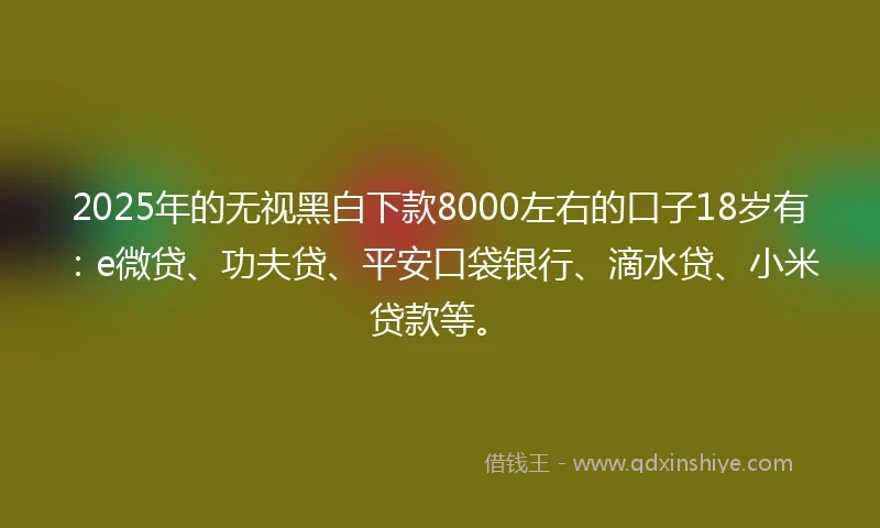 2025年的无视黑白下款8000左右的口子18岁有：e微贷、功夫贷、平安口袋银行、滴水贷、小米贷款等。