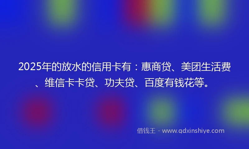 2025年的放水的信用卡有：惠商贷、美团生活费、维信卡卡贷、功夫贷、百度有钱花等。