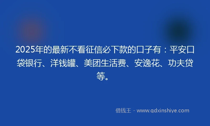 2025年的最新不看征信必下款的口子有：平安口袋银行、洋钱罐、美团生活费、安逸花、功夫贷等。