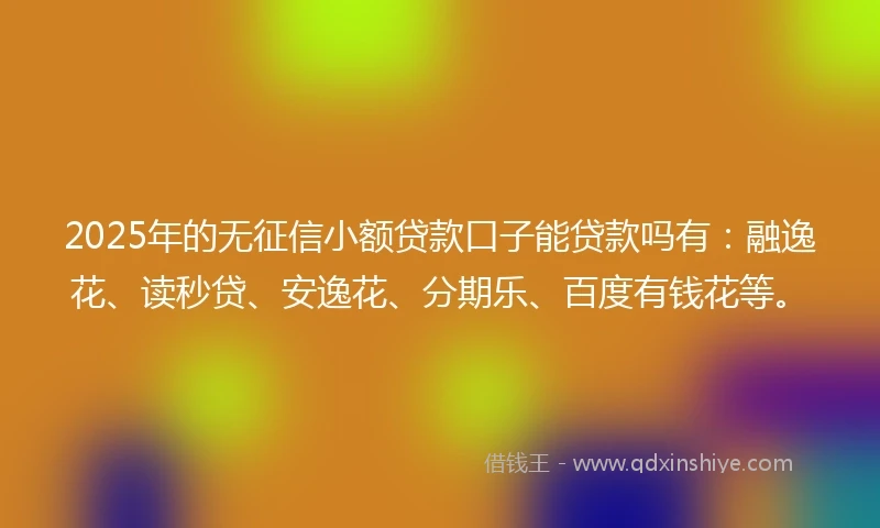 2025年的无征信小额贷款口子能贷款吗有：融逸花、读秒贷、安逸花、分期乐、百度有钱花等。