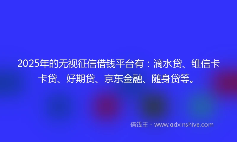 2025年的无视征信借钱平台有：滴水贷、维信卡卡贷、好期贷、京东金融、随身贷等。