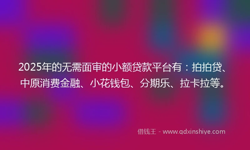 2025年的无需面审的小额贷款平台有：拍拍贷、中原消费金融、小花钱包、分期乐、拉卡拉等。