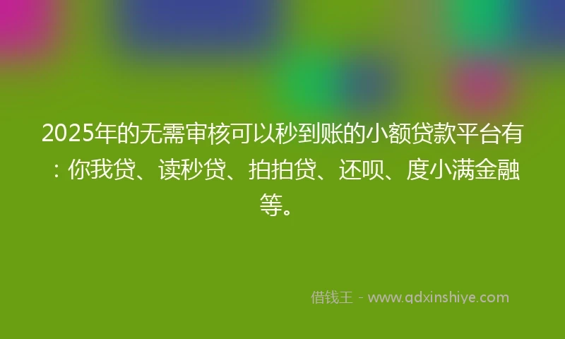 2025年的无需审核可以秒到账的小额贷款平台有:你我贷、读秒贷、拍拍贷、还呗、度小满金融等。