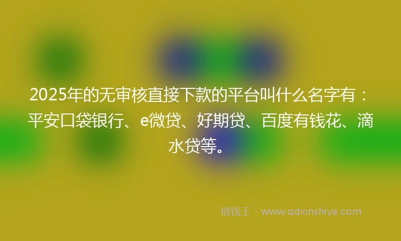 2025年的无审核直接下款的平台叫什么名字有：平安口袋银行、e微贷、好期贷、百度有钱花、滴水贷等。