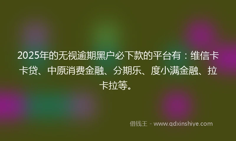 2025年的无视逾期黑户必下款的平台有：维信卡卡贷、中原消费金融、分期乐、度小满金融、拉卡拉等。