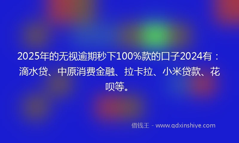 2025年的无视逾期秒下100%款的口子2024有：滴水贷、中原消费金融、拉卡拉、小米贷款、花呗等。