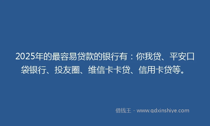 2025年的最容易贷款的银行有：你我贷、平安口袋银行、投友圈、维信卡卡贷、信用卡贷等。