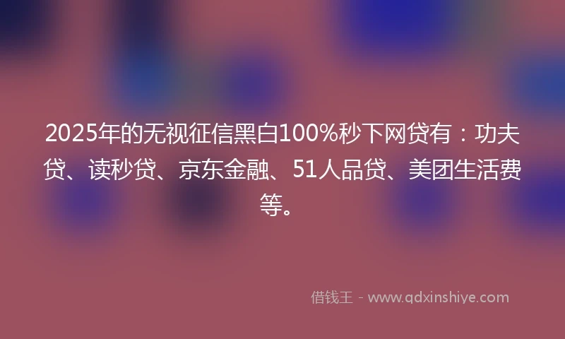 2025年的无视征信黑白100%秒下网贷有：功夫贷、读秒贷、京东金融、51人品贷、美团生活费等。