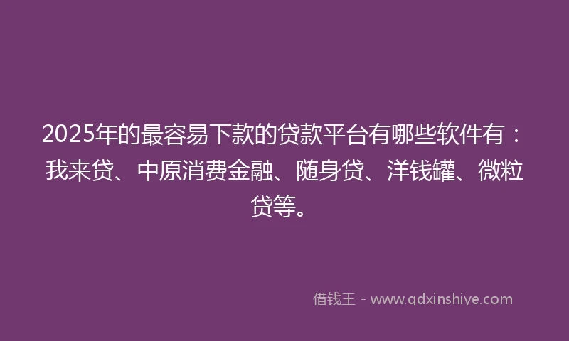 2025年的最容易下款的贷款平台有哪些软件有：我来贷、中原消费金融、随身贷、洋钱罐、微粒贷等。