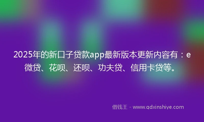 2025年的新口子贷款app最新版本更新内容有：e微贷、花呗、还呗、功夫贷、信用卡贷等。