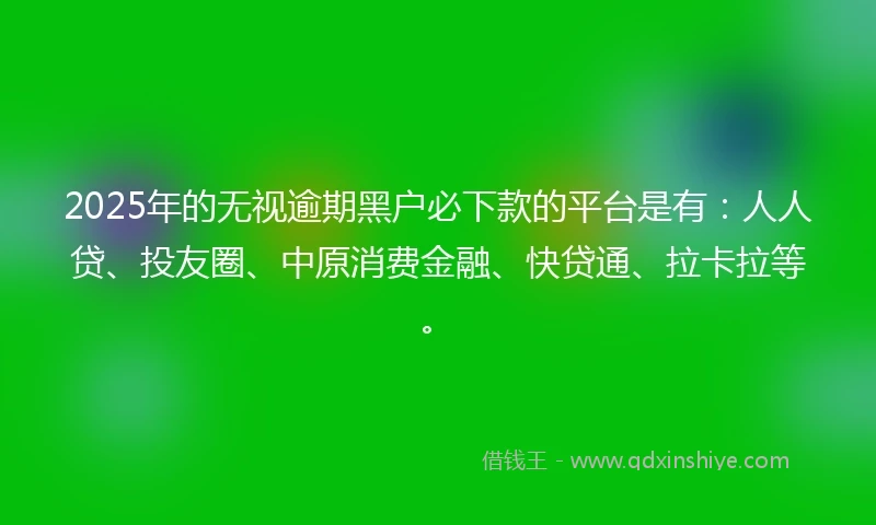 2025年的无视逾期黑户必下款的平台是有：人人贷、投友圈、中原消费金融、快贷通、拉卡拉等。