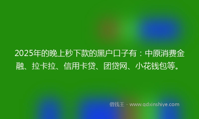 2025年的晚上秒下款的黑户口子有：中原消费金融、拉卡拉、信用卡贷、团贷网、小花钱包等。