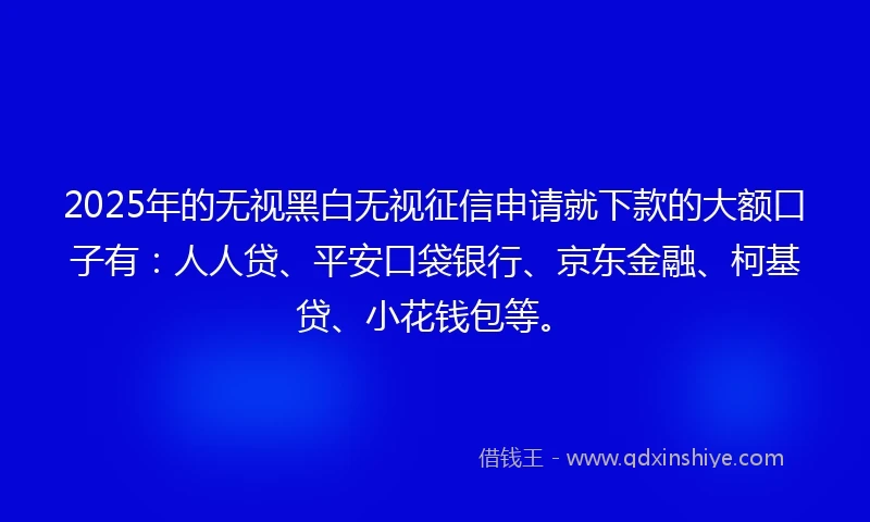 2025年的无视黑白无视征信申请就下款的大额口子有：人人贷、平安口袋银行、京东金融、柯基贷、小花钱包等。