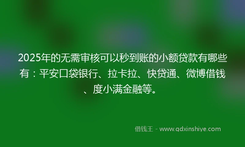 2025年的无需审核可以秒到账的小额贷款有哪些有:平安口袋银行、拉卡拉、快贷通、微博借钱、度小满金融等。