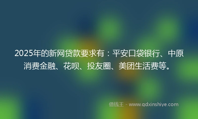 2025年的新网贷款要求有：平安口袋银行、中原消费金融、花呗、投友圈、美团生活费等。
