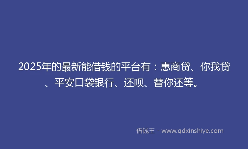 2025年的最新能借钱的平台有：惠商贷、你我贷、平安口袋银行、还呗、替你还等。