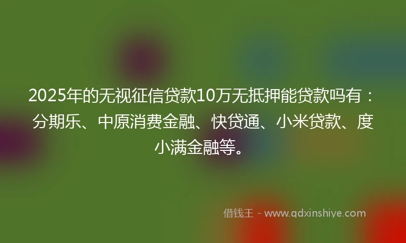 2025年的无视征信贷款10万无抵押能贷款吗有：分期乐、中原消费金融、快贷通、小米贷款、度小满金融等。
