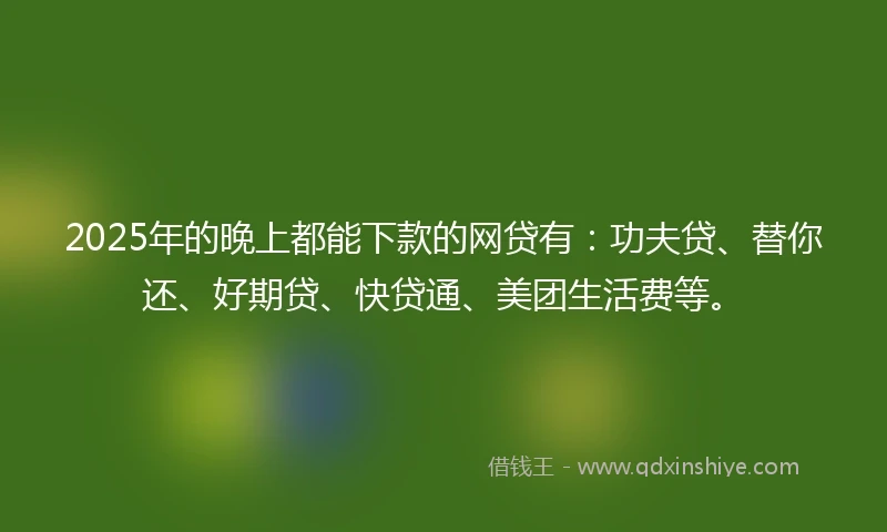 2025年的晚上都能下款的网贷有：功夫贷、替你还、好期贷、快贷通、美团生活费等。
