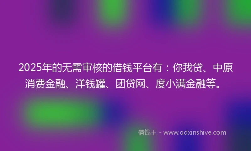 2025年的无需审核的借钱平台有：你我贷、中原消费金融、洋钱罐、团贷网、度小满金融等。