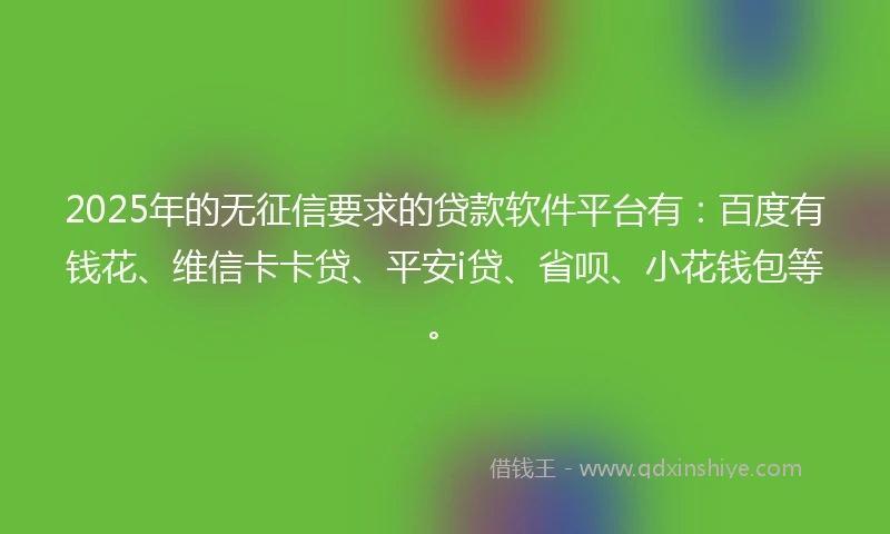 2025年的无征信要求的贷款软件平台有：百度有钱花、维信卡卡贷、平安i贷、省呗、小花钱包等。