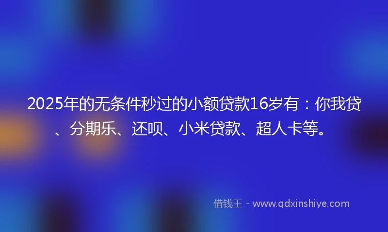 2025年的无条件秒过的小额贷款16岁有：你我贷、分期乐、还呗、小米贷款、超人卡等。