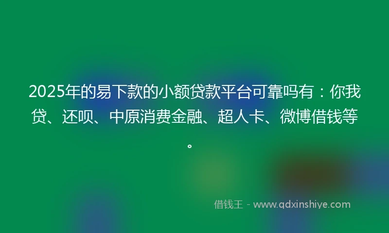 2025年的易下款的小额贷款平台可靠吗有：你我贷、还呗、中原消费金融、超人卡、微博借钱等。