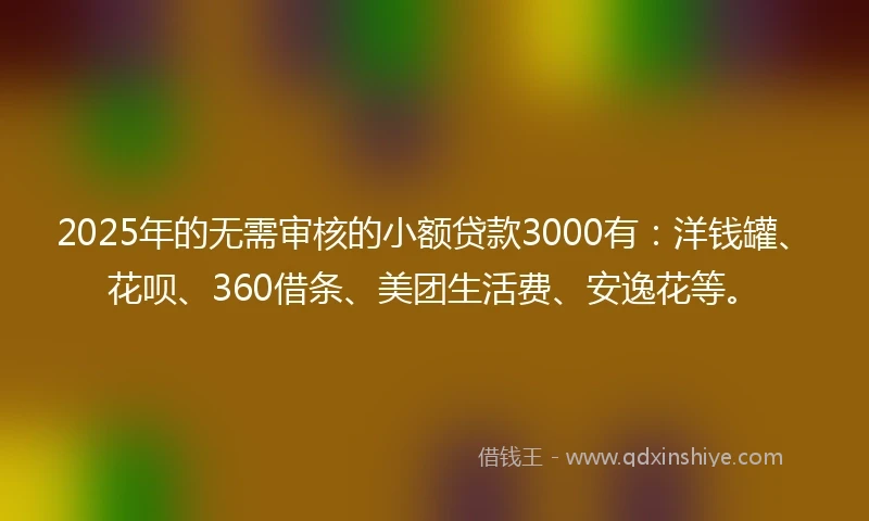 2025年的无需审核的小额贷款3000有：洋钱罐、花呗、360借条、美团生活费、安逸花等。