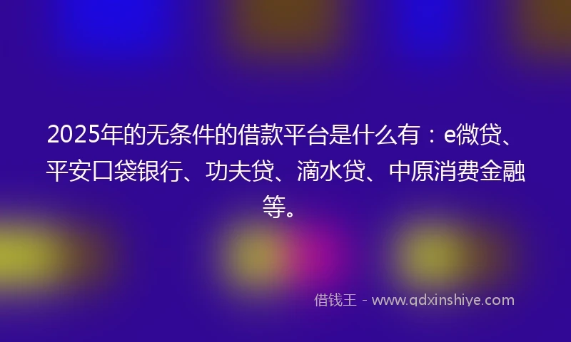 2025年的无条件的借款平台是什么有：e微贷、平安口袋银行、功夫贷、滴水贷、中原消费金融等。