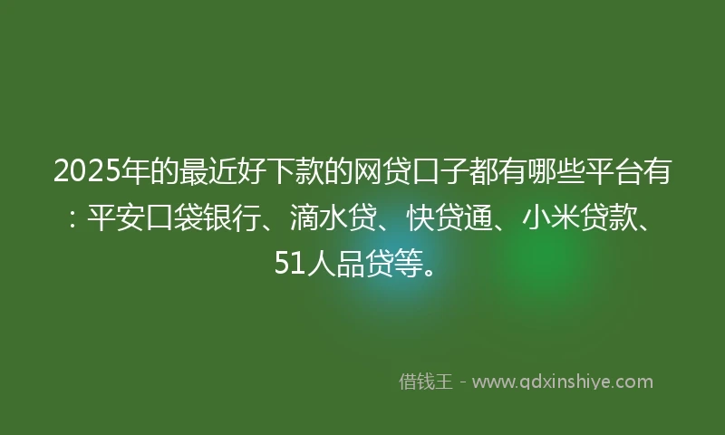 2025年的最近好下款的网贷口子都有哪些平台有：平安口袋银行、滴水贷、快贷通、小米贷款、51人品贷等。