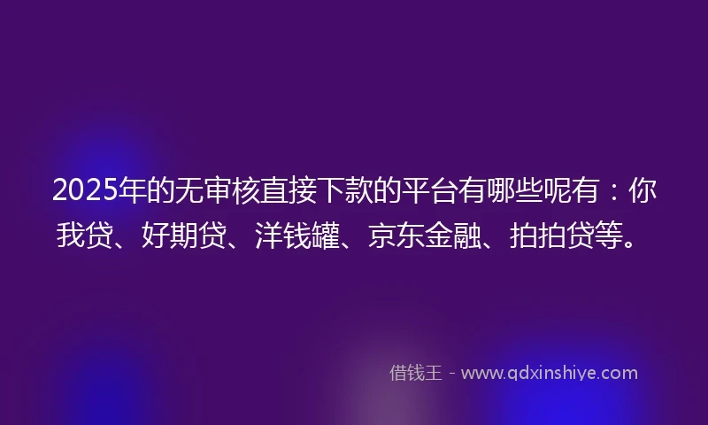 2025年的无审核直接下款的平台有哪些呢有：你我贷、好期贷、洋钱罐、京东金融、拍拍贷等。