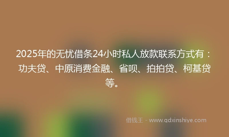 2025年的无忧借条24小时私人放款联系方式有：功夫贷、中原消费金融、省呗、拍拍贷、柯基贷等。