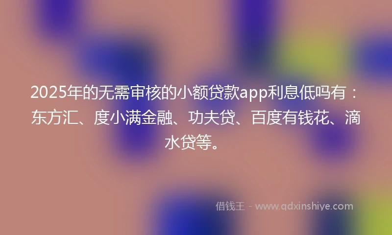 2025年的无需审核的小额贷款app利息低吗有：东方汇、度小满金融、功夫贷、百度有钱花、滴水贷等。