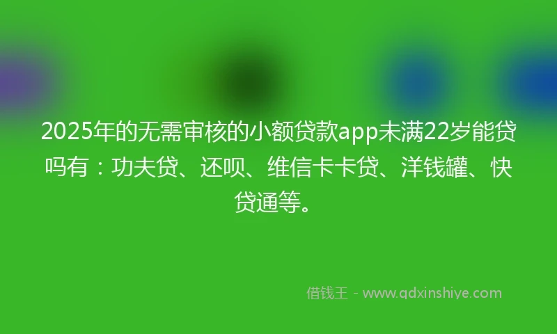 2025年的无需审核的小额贷款app未满22岁能贷吗有：功夫贷、还呗、维信卡卡贷、洋钱罐、快贷通等。