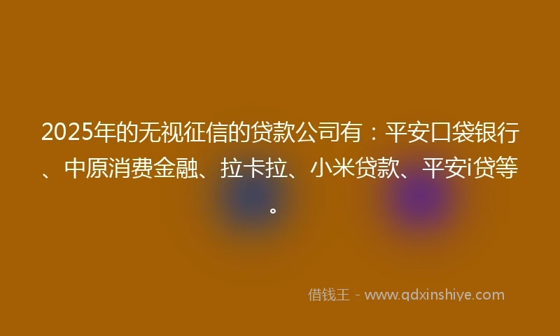 2025年的无视征信的贷款公司有：平安口袋银行、中原消费金融、拉卡拉、小米贷款、平安i贷等。
