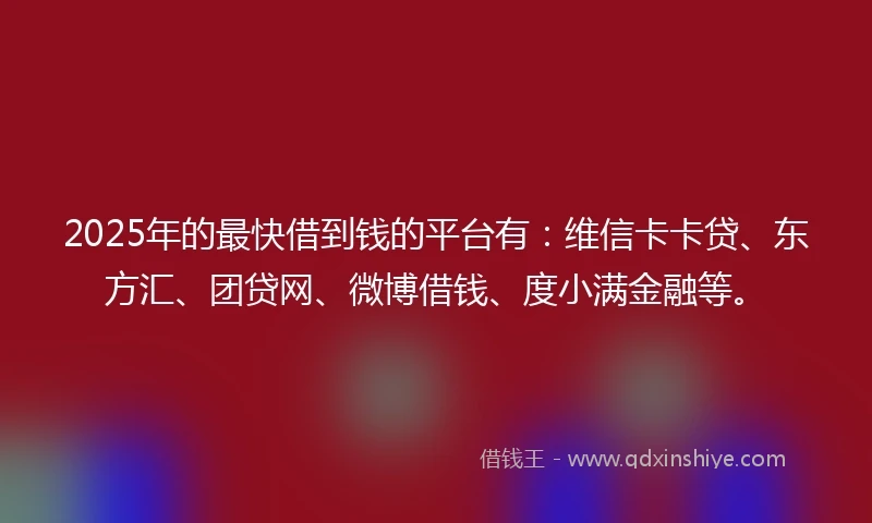 2025年的最快借到钱的平台有:维信卡卡贷、东方汇、团贷网、微博借钱、度小满金融等。