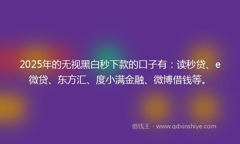 2025年的无视黑白秒下款的口子有：读秒贷、e微贷、东方汇、度小满金融、微博借钱等。