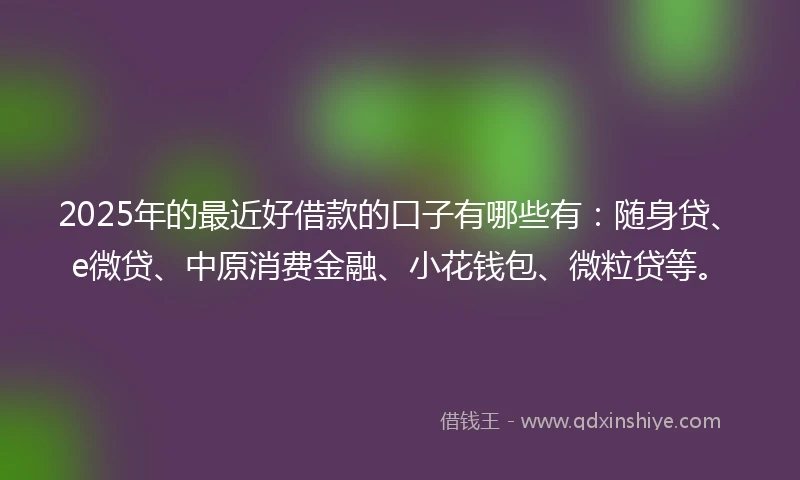 2025年的最近好借款的口子有哪些有：随身贷、e微贷、中原消费金融、小花钱包、微粒贷等。