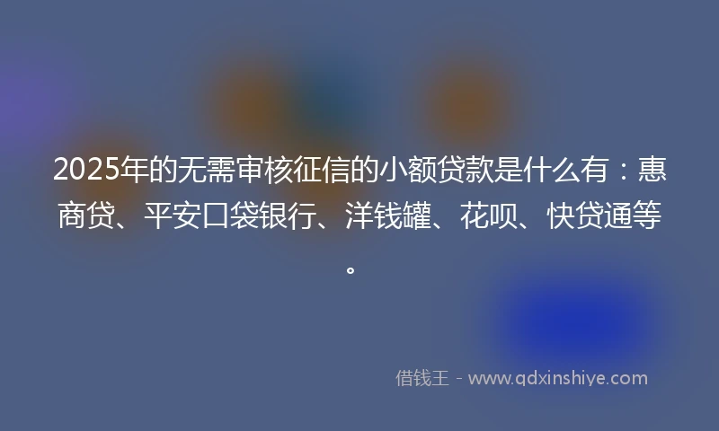 2025年的无需审核征信的小额贷款是什么有：惠商贷、平安口袋银行、洋钱罐、花呗、快贷通等。