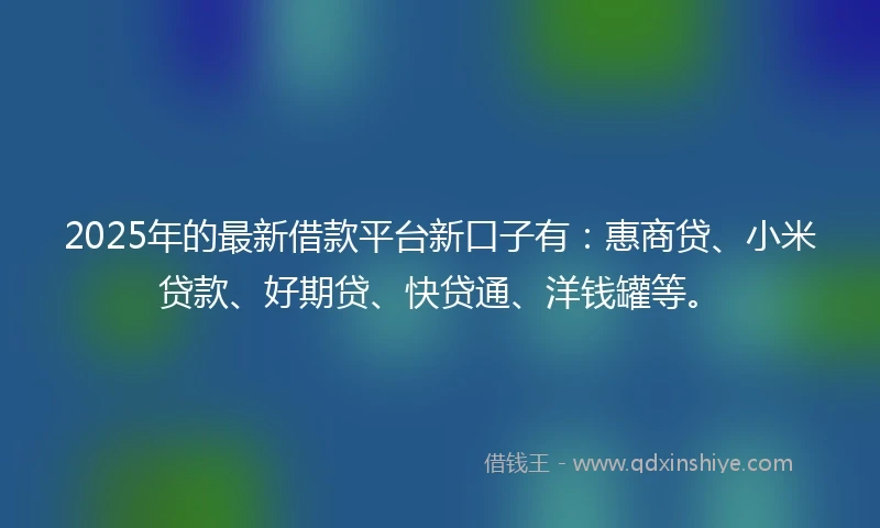 2025年的最新借款平台新口子有:惠商贷、小米贷款、好期贷、快贷通、洋钱罐等。