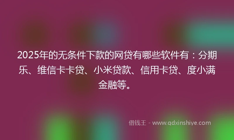 2025年的无条件下款的网贷有哪些软件有：分期乐、维信卡卡贷、小米贷款、信用卡贷、度小满金融等。