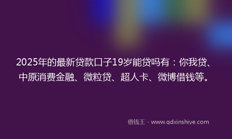 2025年的最新贷款口子19岁能贷吗有：你我贷、中原消费金融、微粒贷、超人卡、微博借钱等。