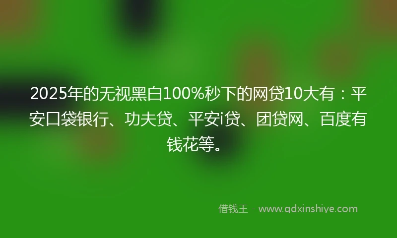2025年的无视黑白100%秒下的网贷10大有:平安口袋银行、功夫贷、平安i贷、团贷网、百度有钱花等。