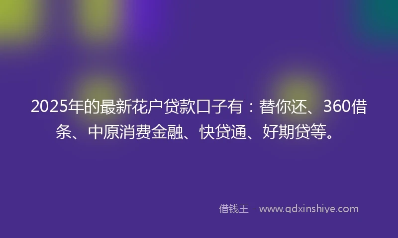 2025年的最新花户贷款口子有：替你还、360借条、中原消费金融、快贷通、好期贷等。